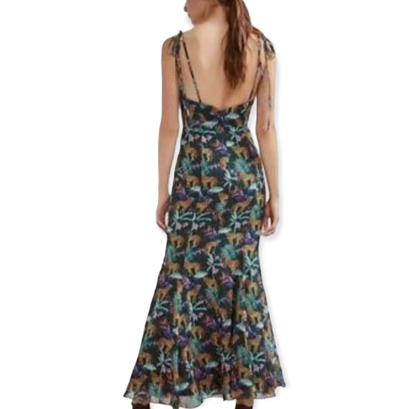 Fame & Partners x Free People Elham 2 XS Green Jungle Cheetah Floral Silky Maxi - Picture 5 of 7